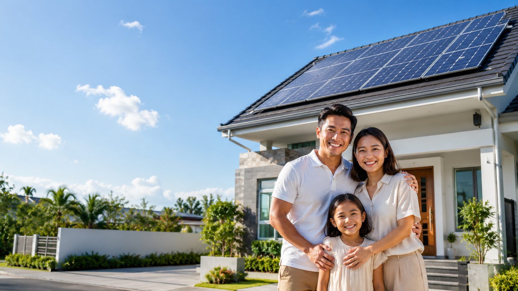 Happy family home with solar panels